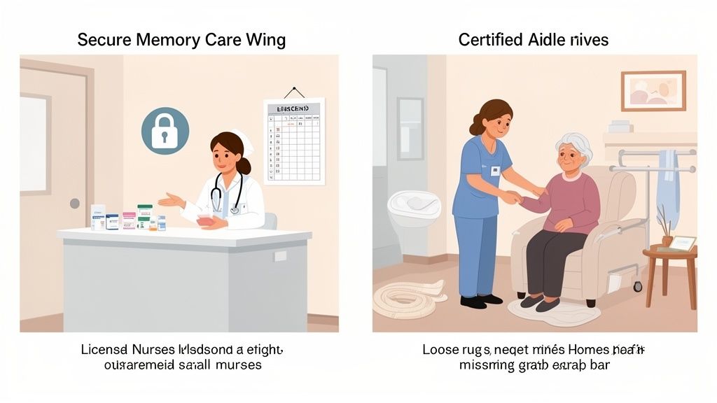 Illustrations depicting senior care, including a nurse at a memory care wing and an aide assisting an elderly patient.