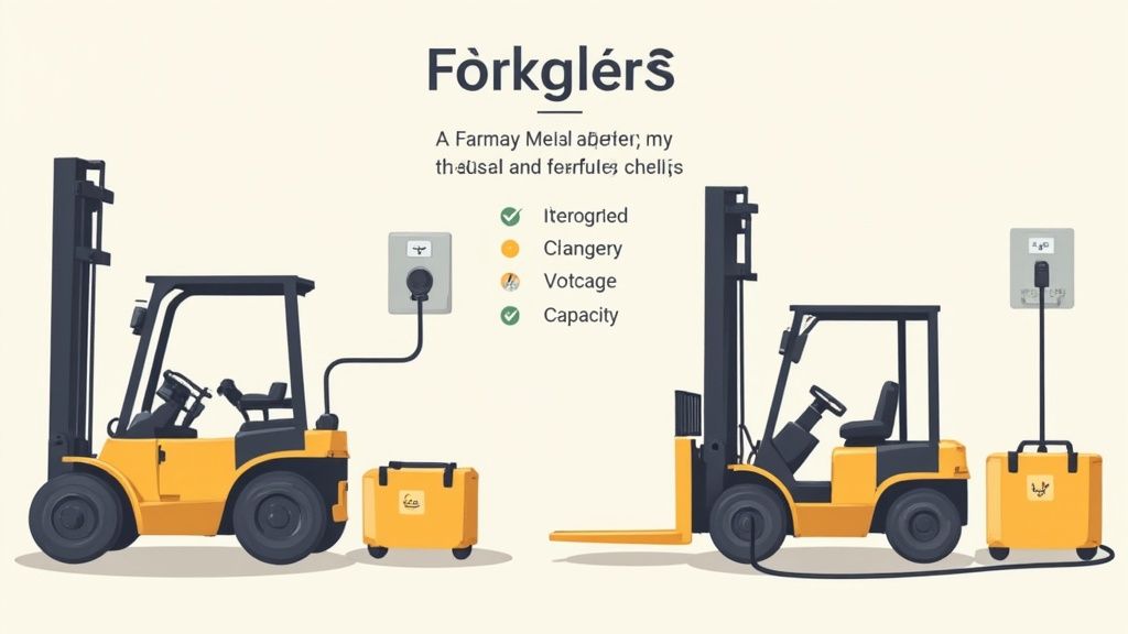 Two yellow forklifts connected to charging stations with battery packs on warehouse floor