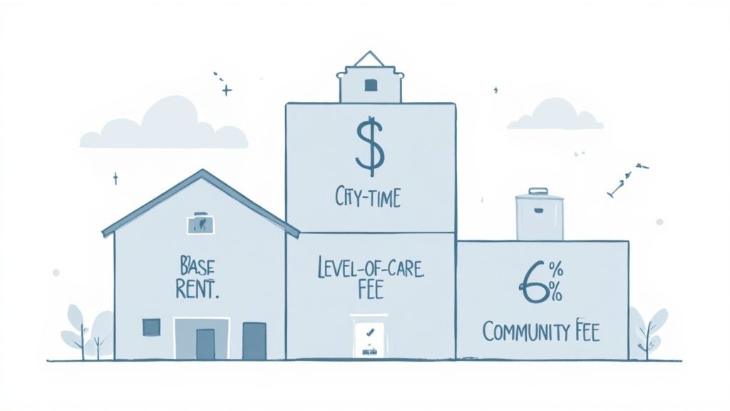 Illustrated diagram showing senior housing fee structure including base rent, city-time fees, level-of-care fees, and community fees