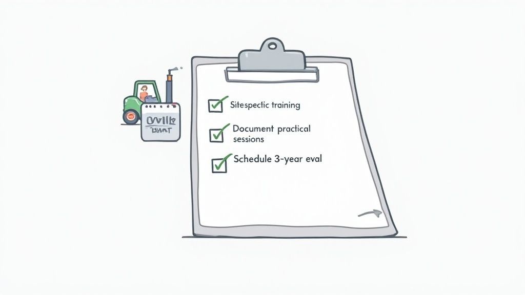 A manager with a clipboard checks a forklift, illustrating compliance and safety checks.