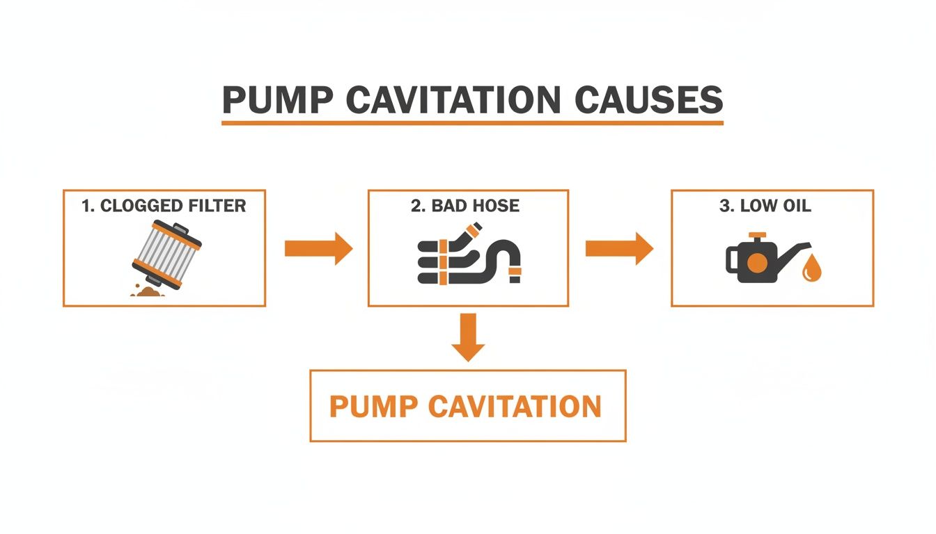 An infographic illustrating three main causes of pump cavitation: a clogged filter, a bad hose, and low oil levels.