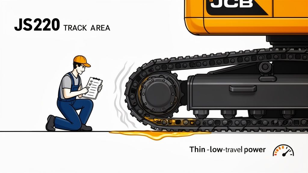 Mechanic inspecting a JCB JS220 excavator track with a significant oil leak, causing low travel power.