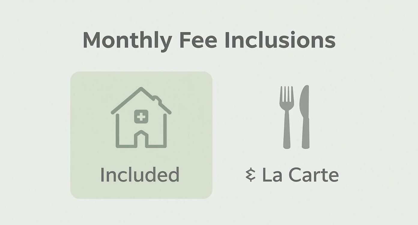 Graphic showing monthly fee inclusions for independent living, featuring included medical services and à la carte dining.