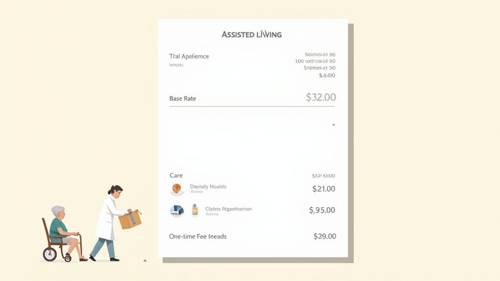 A detailed bill for assisted living services, displaying charges like base rate, care, and one-time fees, with related illustrations.