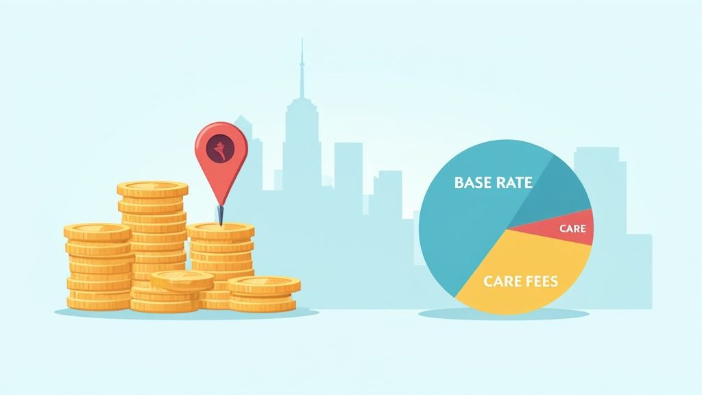 A financial illustration with coin stacks, a location pin, and a pie chart depicting 'Base Rate' and 'Care Fees'.