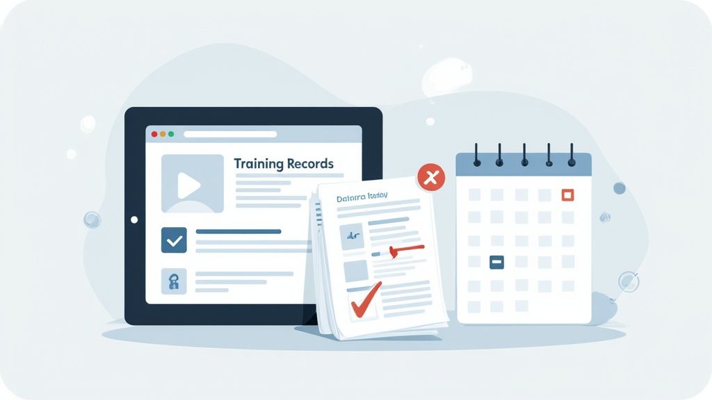 Digital training records system with tablet displaying course completion status and calendar for aerial lift certification tracking