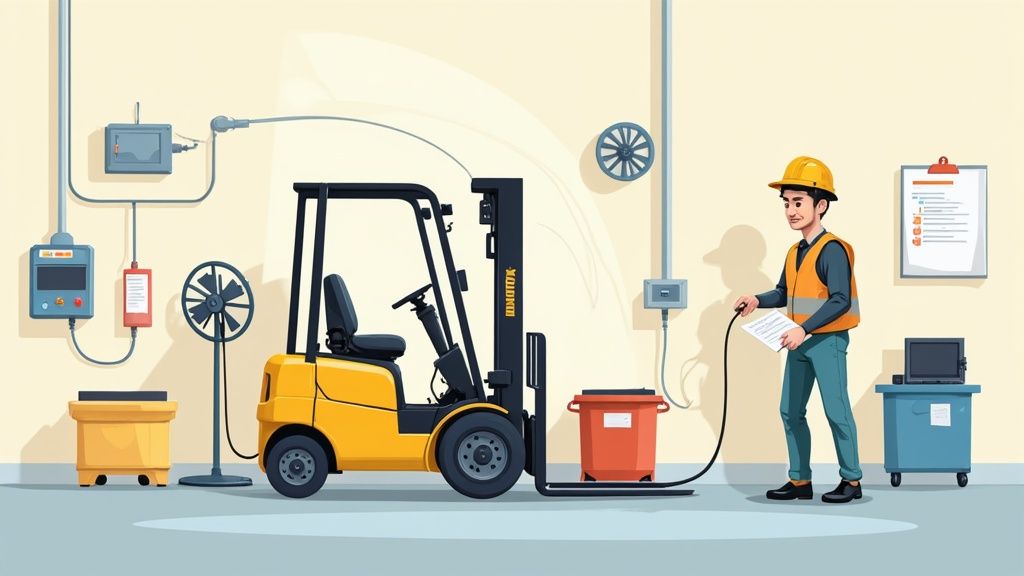 Worker charging electric forklift in warehouse with safety equipment and charging station