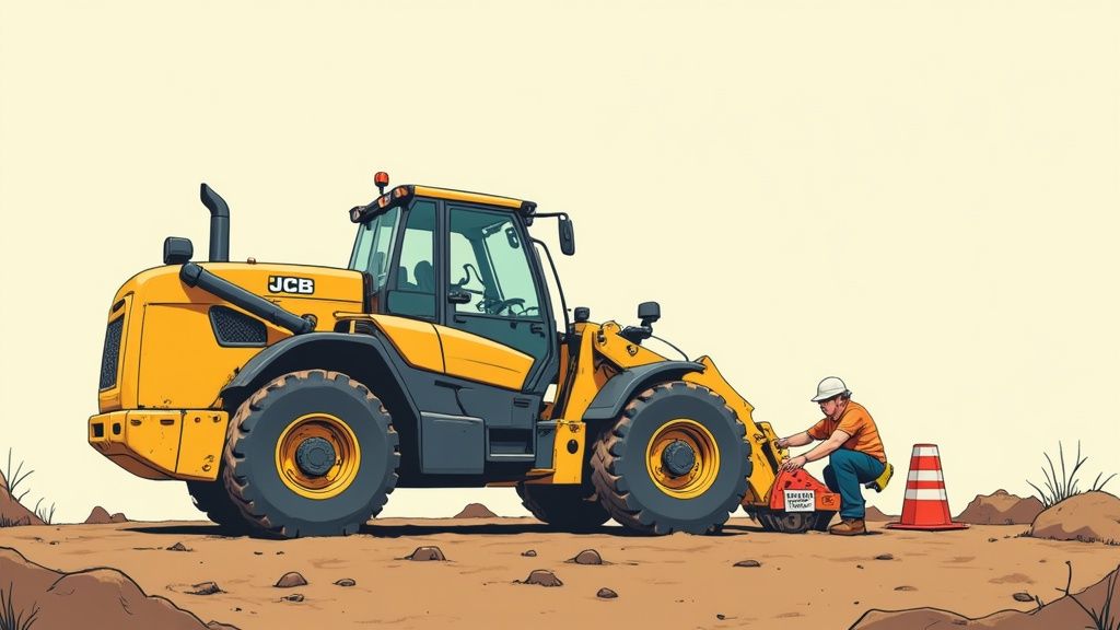 A construction worker in a hard hat inspects a yellow JCB wheel loader on a dirt ground next to a traffic cone.