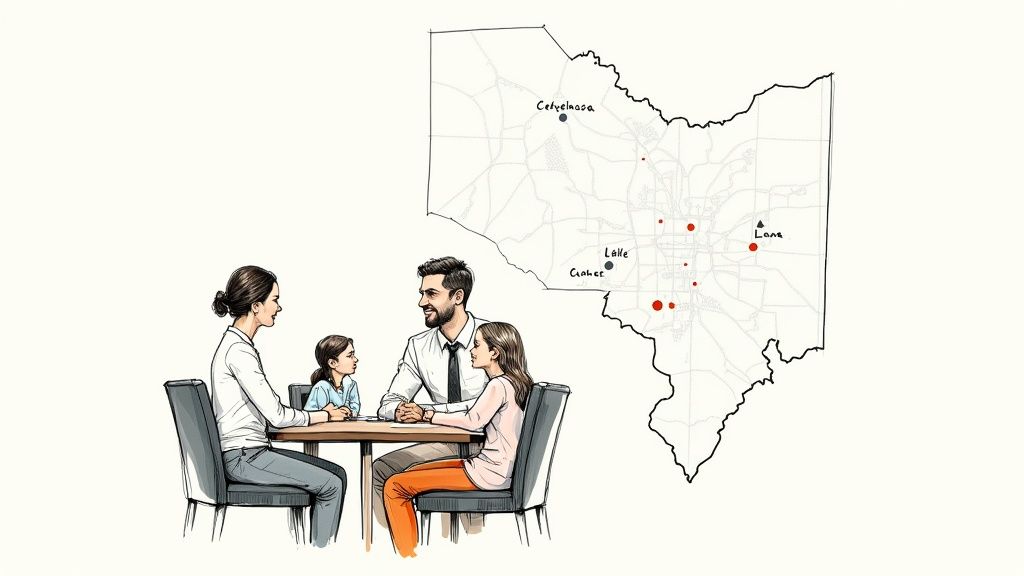 A senior woman and her daughter smiling together in a bright, comfortable living room.