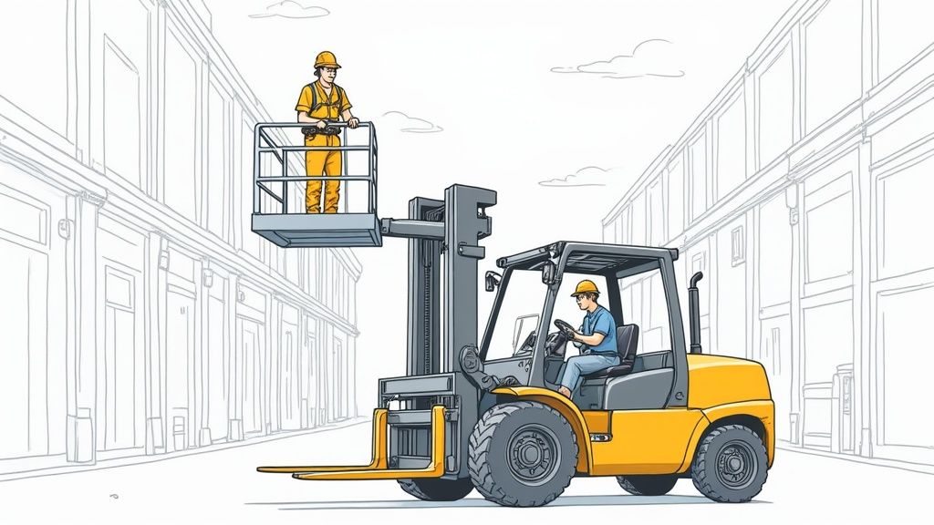 Forklift operator and worker on aerial platform lift performing construction warehouse tasks safely