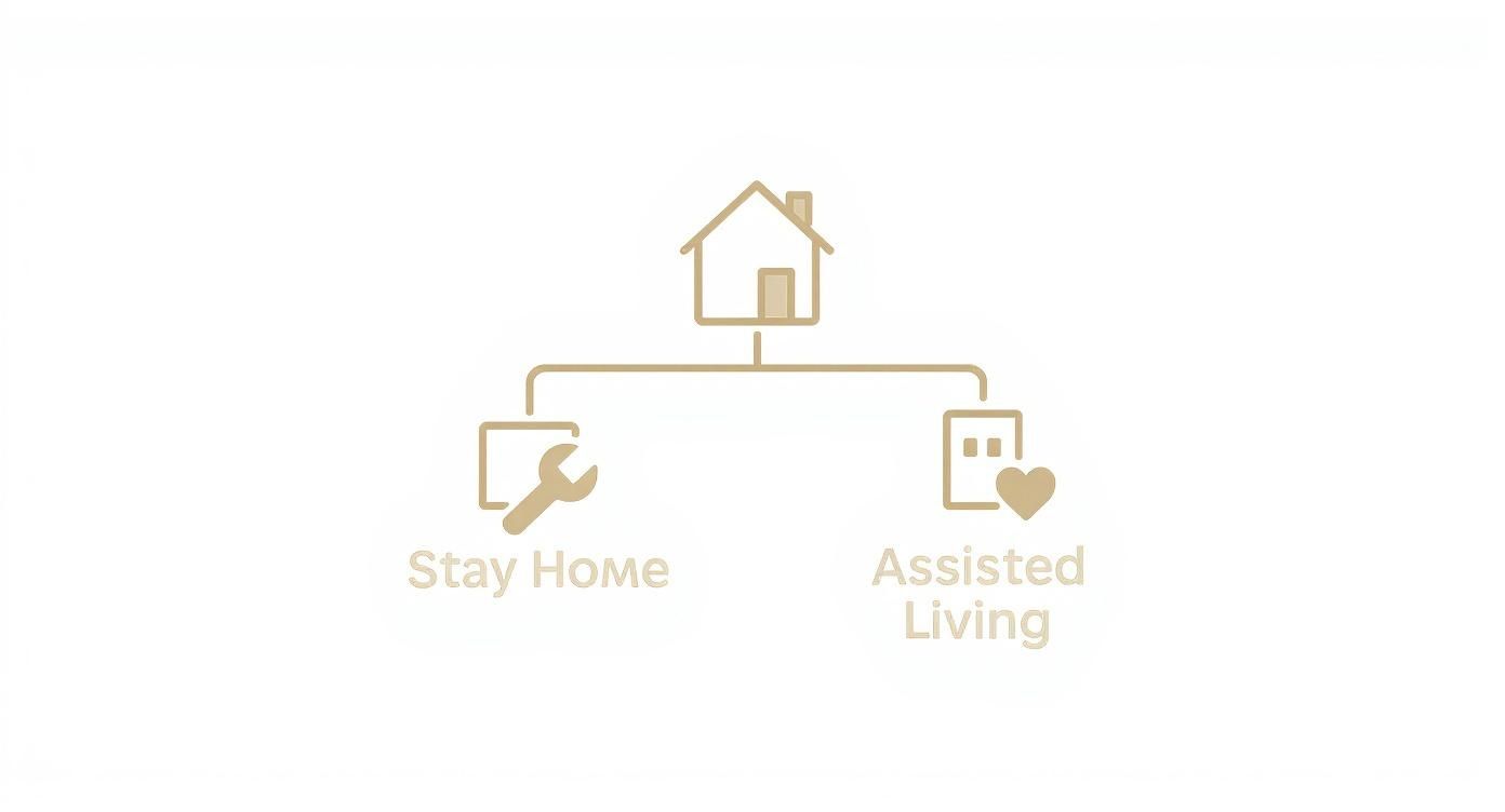Infographic presenting two options for seniors: staying home with modifications or assisted living.