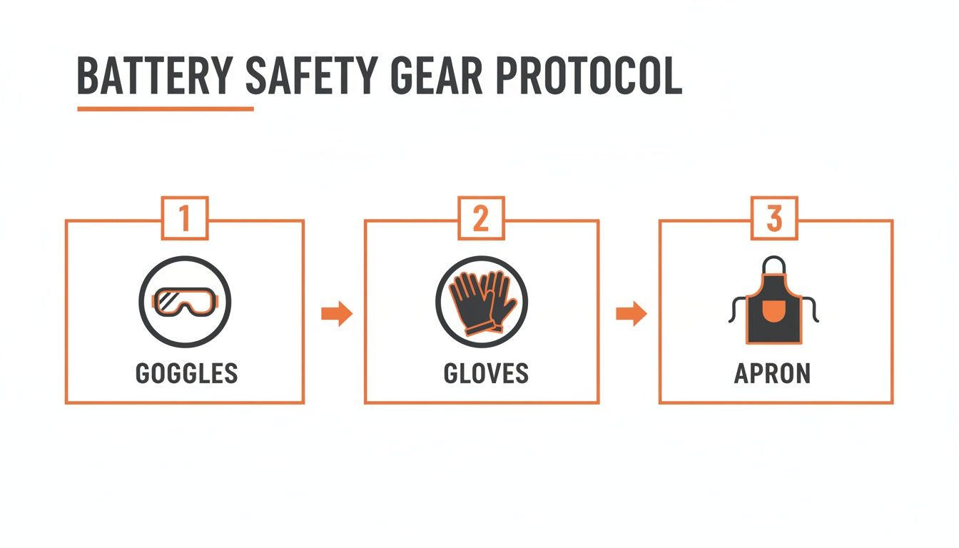 Infographic illustrating battery safety gear protocol with three steps: goggles, gloves, and apron.