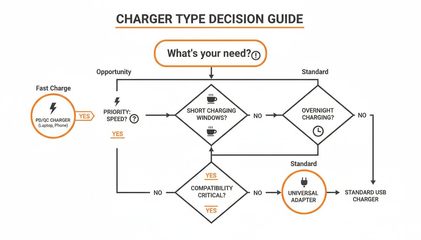 Flowchart: Charger Type Decision Guide helps choose between fast charge, universal, or standard USB chargers based on needs.