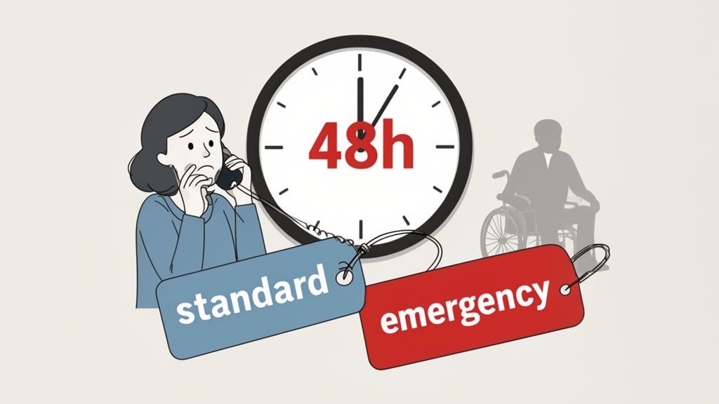 Worried woman on phone considering standard or emergency care options with a 48h deadline for a person in a wheelchair.