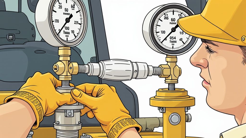 A worker in yellow gloves and hard hat inspecting hydraulic gauges on heavy machinery.