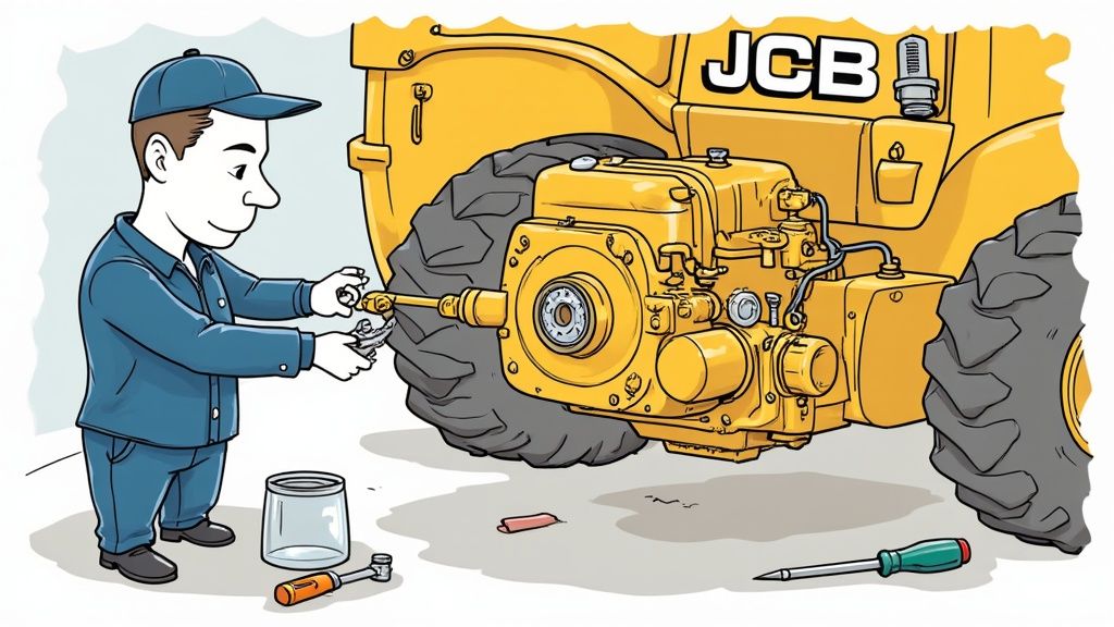 A cartoon illustration shows a mechanic in blue overalls and cap working on a yellow JCB engine with tools.