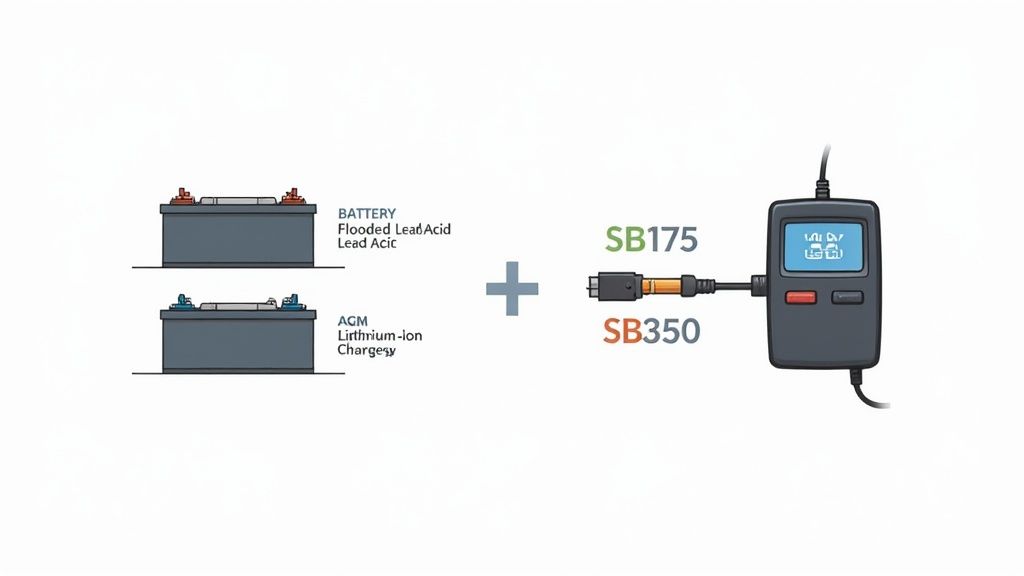 Illustration detailing compatibility of battery types (Lead Acid, AGM, Lithium-Ion) with SB175 and SB350 chargers.