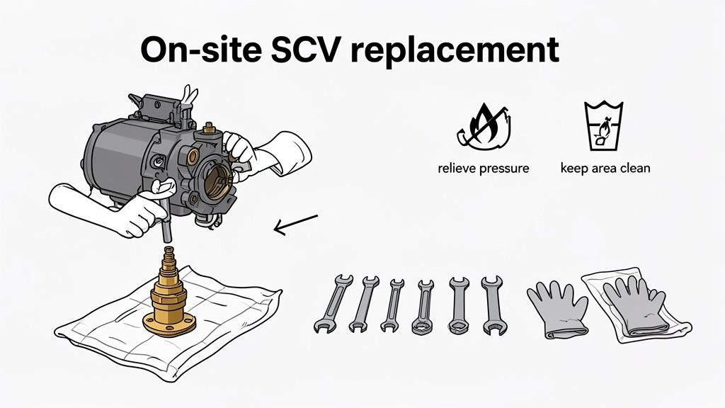 Illustration showing hands replacing an SCV valve from a mechanical part, with tools and safety icons.