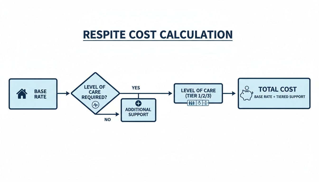 Flowchart detailing the respite cost calculation, including base rate, required care level, additional support, and tiered support.