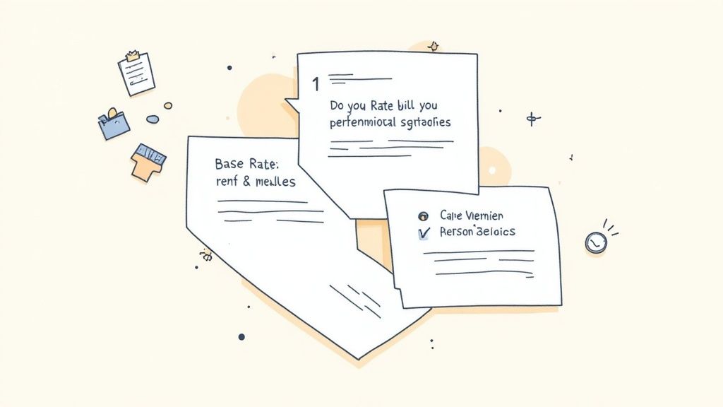 Hand-drawn illustration of three interconnected note cards with text about rates and billing information.