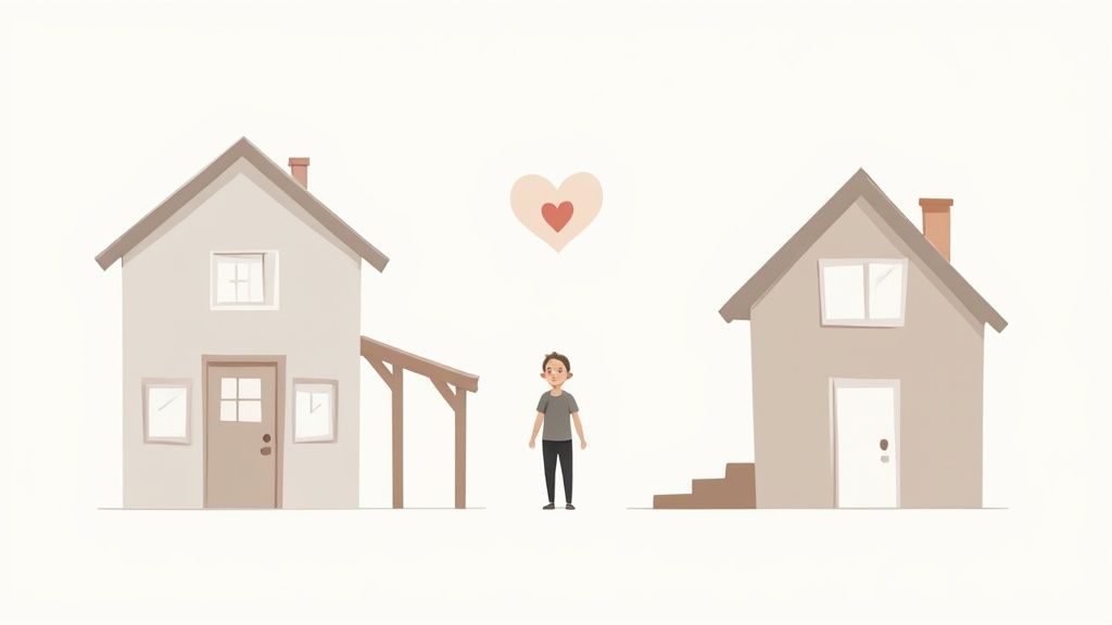 A person stands between two simple homes, with a heart floating above them, suggesting a home choice.