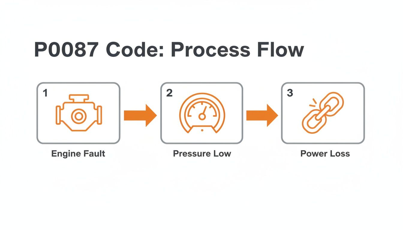 Flowchart showing P0087 diagnostic code progression: engine fault, low pressure, and resulting power loss.