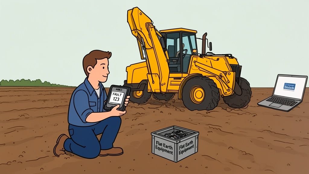 A technician diagnoses a backhoe loader's fault using a tablet in a muddy field.
