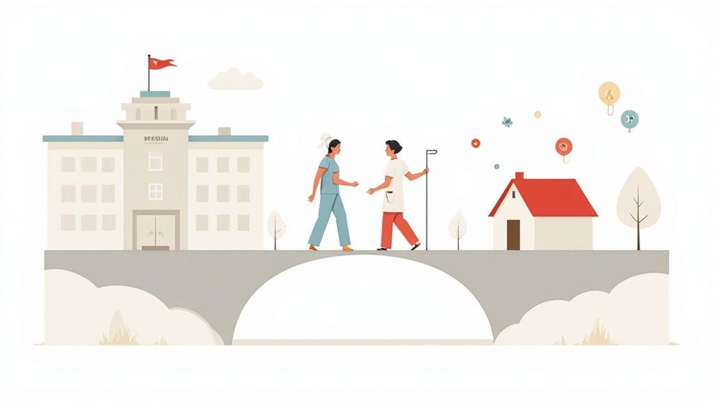 A physical therapist helps an older man with walking exercises in a well-lit therapy room.