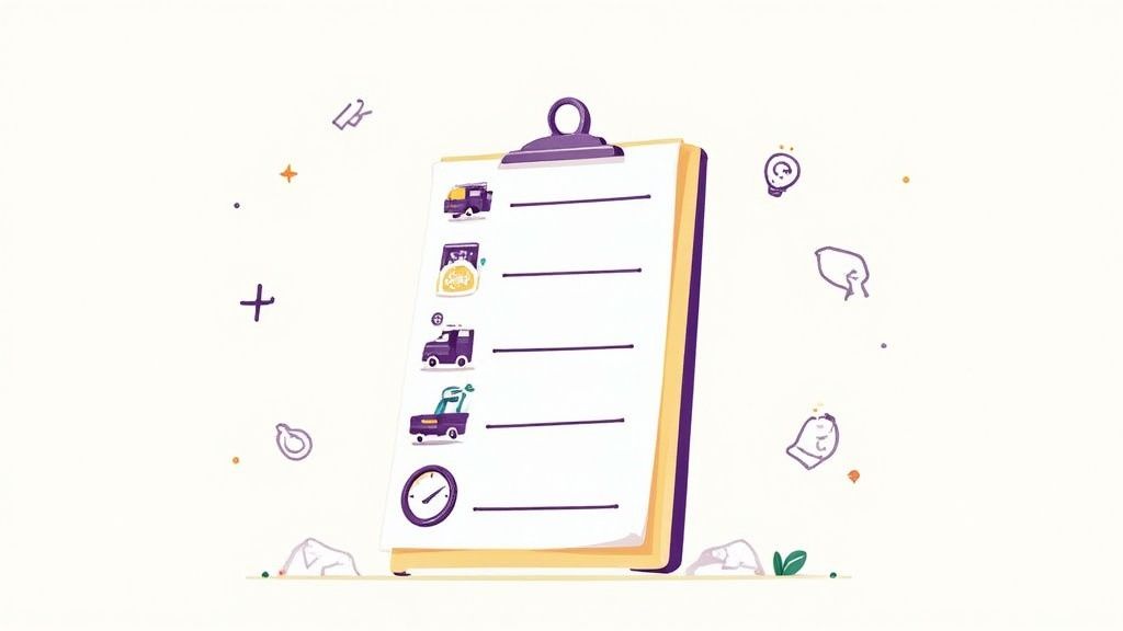 A clipboard with a checklist showing icons for delivery trucks, package, service vehicle, forklift, and a clock.