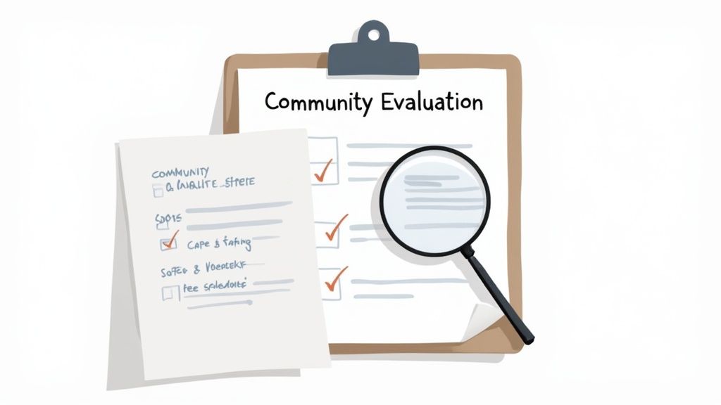 A clipboard with a 'Community Evaluation' document, a checklist, and a magnifying glass, depicting assessment.