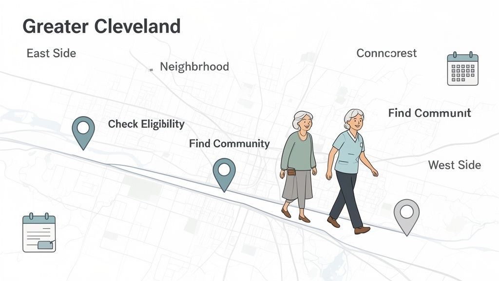 Illustration of a map showing a step-by-step process for seniors in Greater Cleveland.