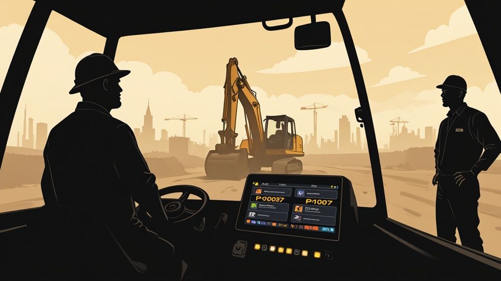 From inside a construction vehicle, a worker overlooks an excavator and a digital display.