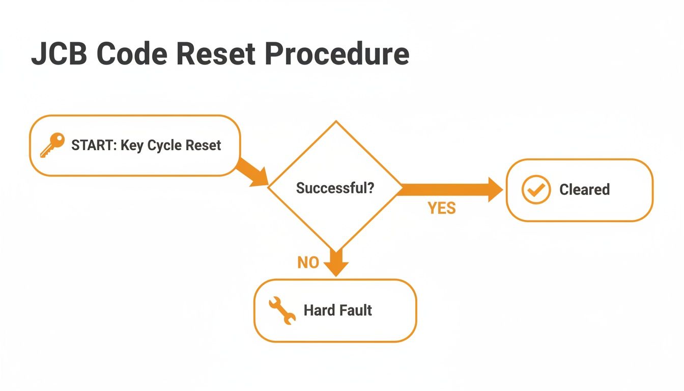 Flowchart illustrating the JCB Code Reset Procedure, showing key cycle reset leading to cleared or hard fault.