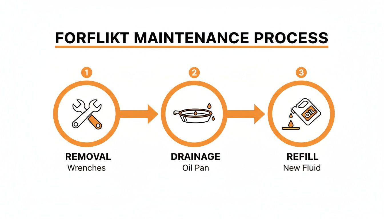 A three-step visual guide illustrating forklift maintenance: removal, drainage of old fluid, and refilling with new fluid.