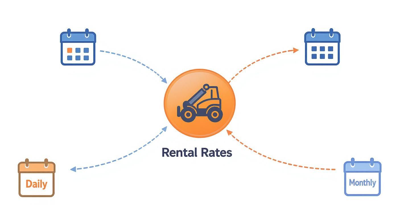 Infographic showing telehandler rental rates determined by daily, monthly, and various calendar durations.