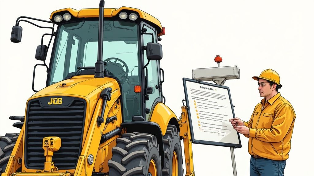 An illustration shows a man in a hard hat next to a yellow JCB backhoe loader, pointing at an instructional display.