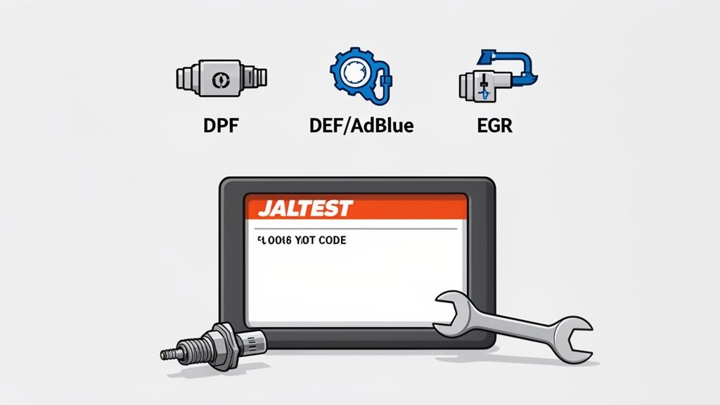 Jaltest diagnostic tool displaying a vehicle error code for DPF, DEF/AdBlue, and EGR systems, with tools.