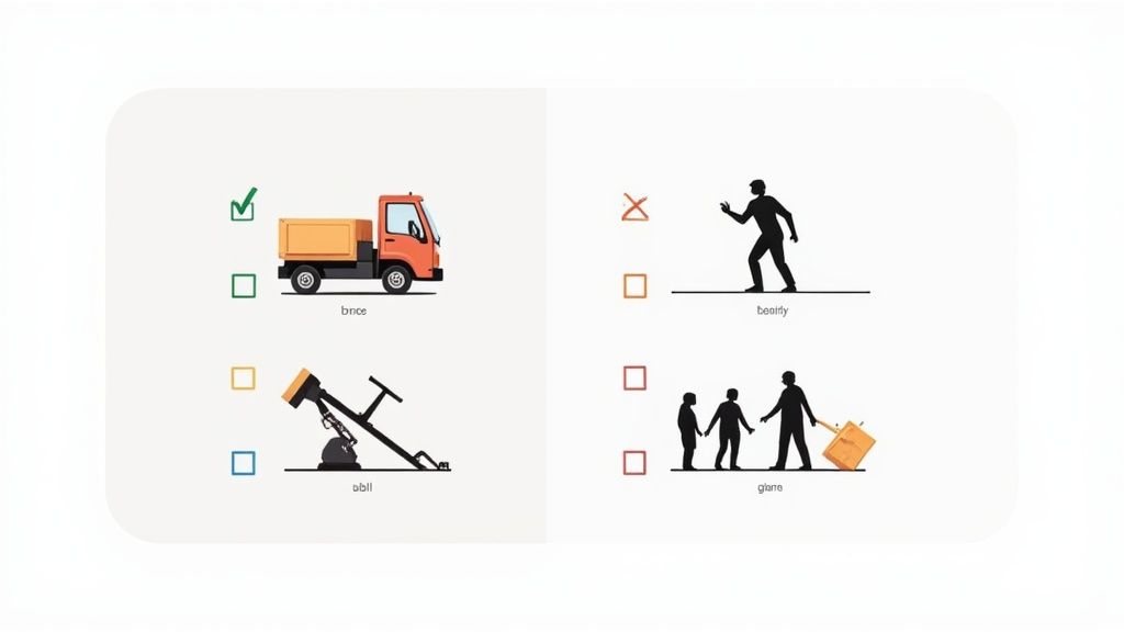 Four panels show diverse illustrations: a truck, a person, machinery, and a family, with selection checkboxes.