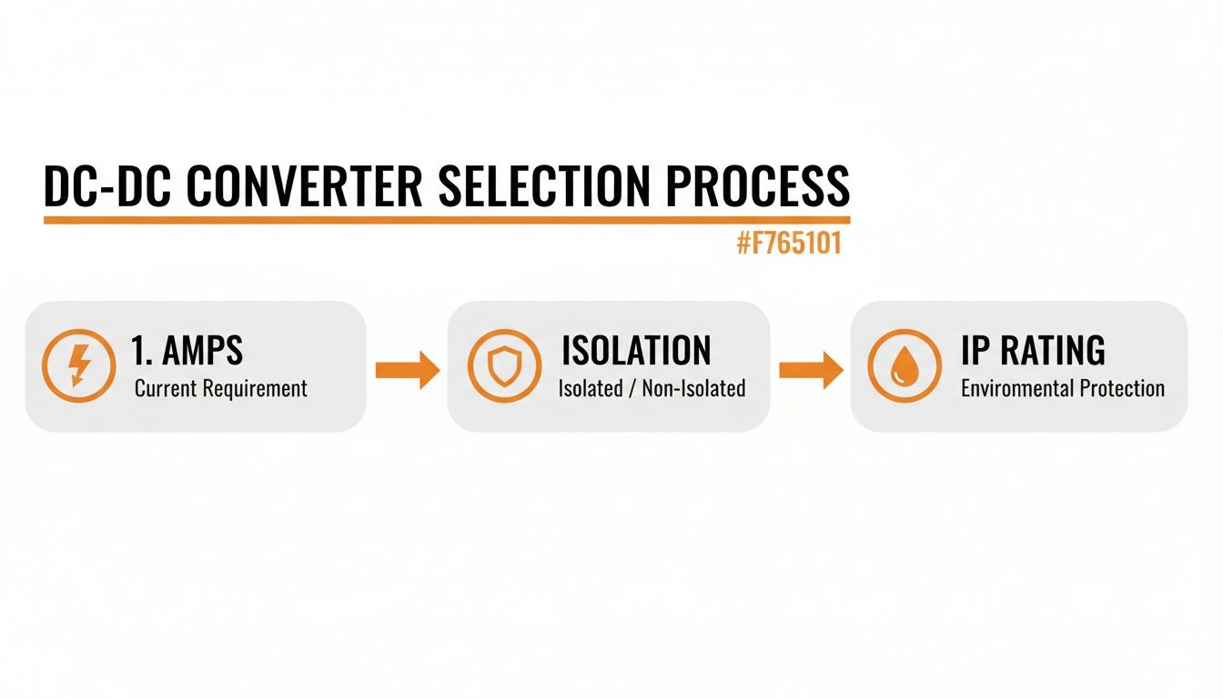 Flowchart showing the DC-DC converter selection process based on amps, isolation, and IP rating.
