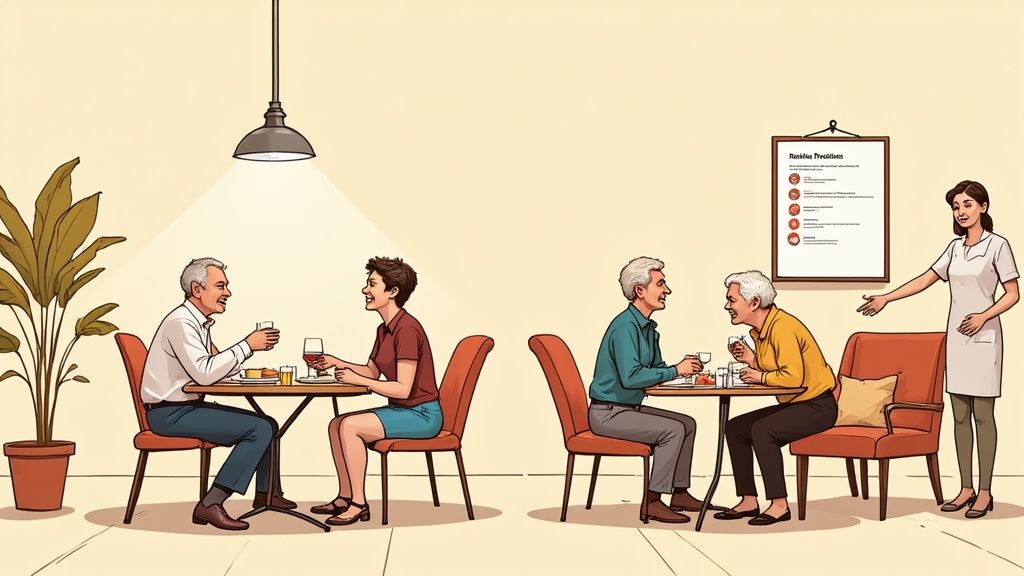 Two elderly couples enjoy meals in an assisted living facility dining room, with a caregiver present.