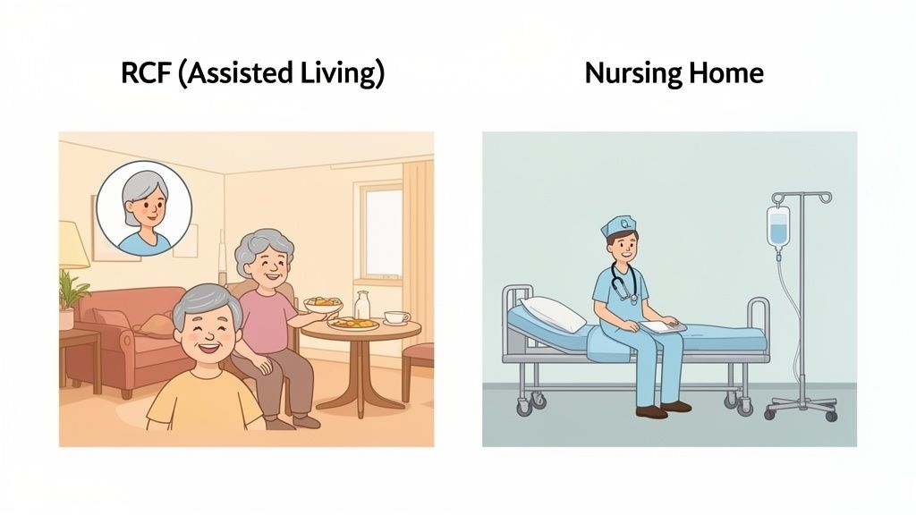 Illustration comparing assisted living (RCF) with a comfortable social setting and a nursing home with medical care.