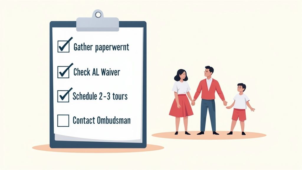 A checklist for assisted living planning with checked and unchecked items, alongside a family of three.