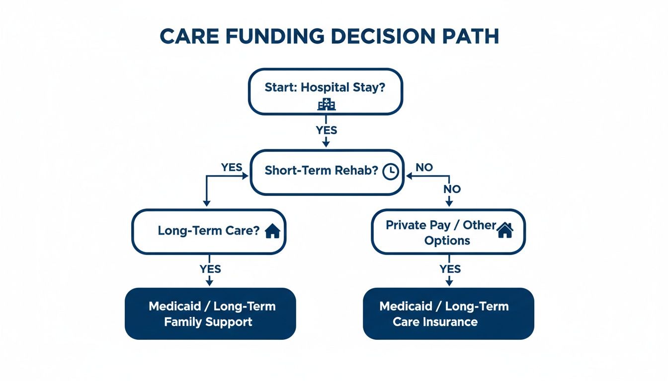 Flowchart illustrating the care funding decision path, from hospital stay to long-term care options.