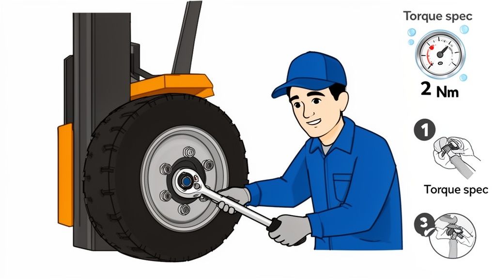 A mechanic in a blue uniform uses a wrench to tighten a forklift wheel, following torque specifications.