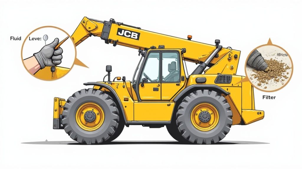 Illustration of a yellow JCB telehandler, highlighting a hand checking fluid level and a dirty filter.