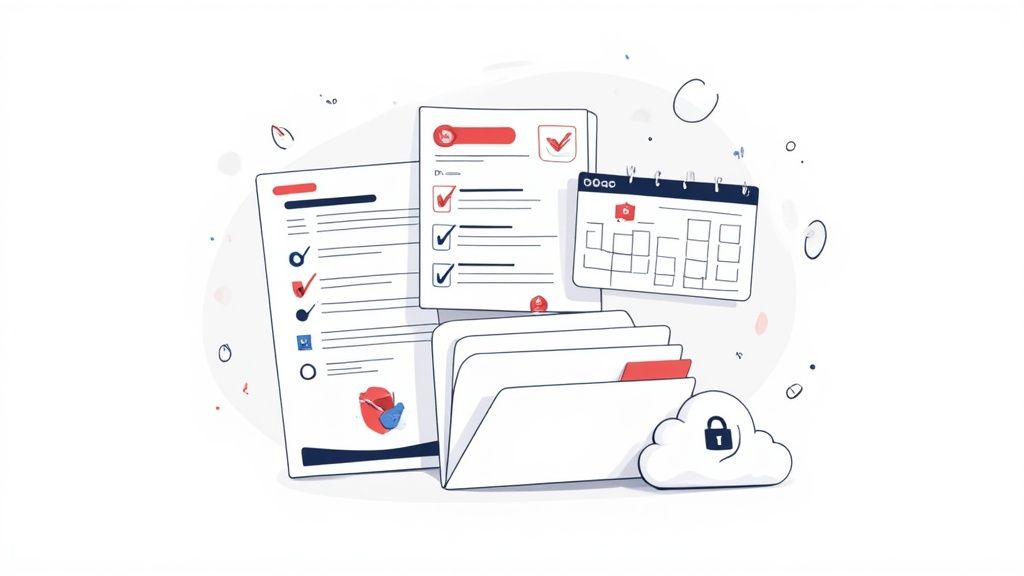 Digital organization system showing checklists, calendar, folders, and cloud storage with security lock icon