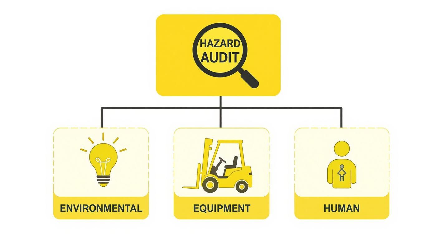 Hazard audit diagram illustrating environmental, equipment, and human safety factors.