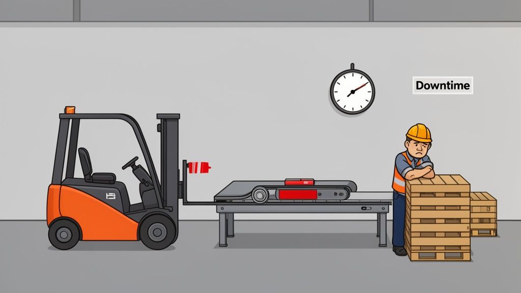A forklift and a frustrated worker face production downtime due to a stalled conveyor and a red battery.