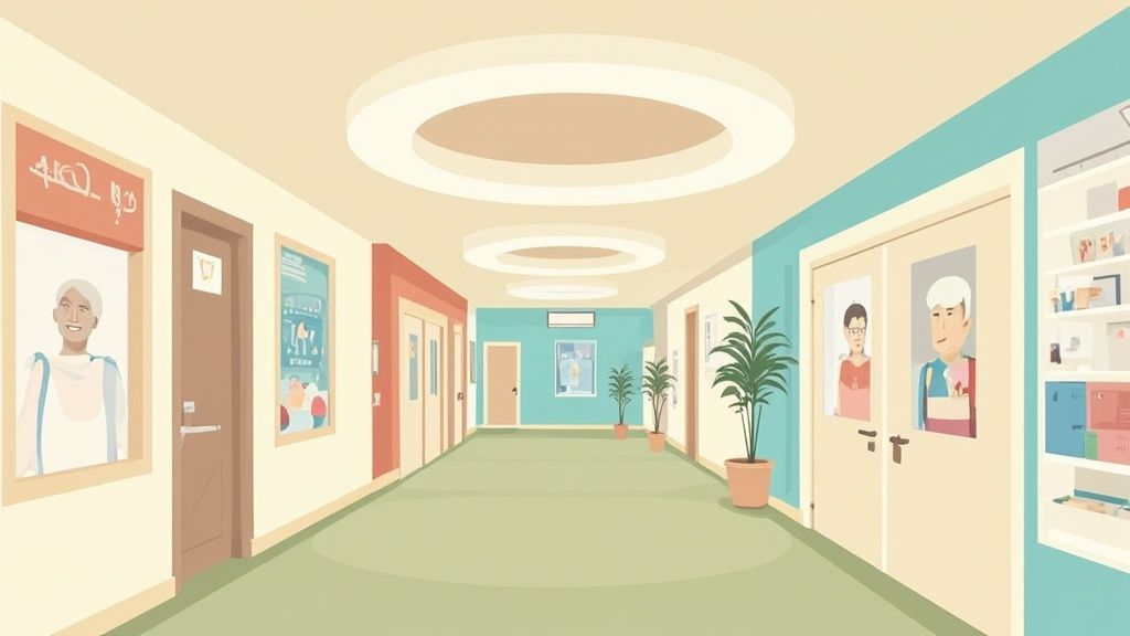 A bright, clean hallway with doors, potted plants, and portraits of seniors in an assisted living facility.
