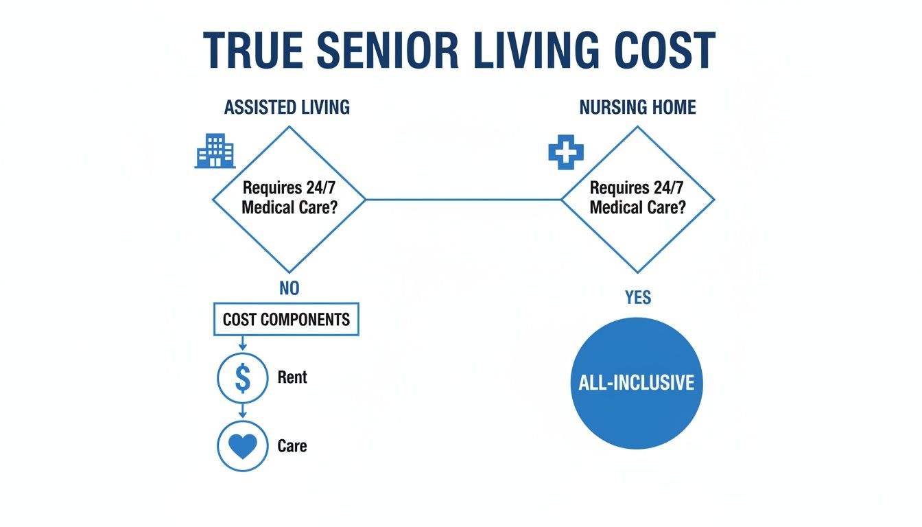 Flowchart illustrating true senior living costs for assisted living versus nursing homes.